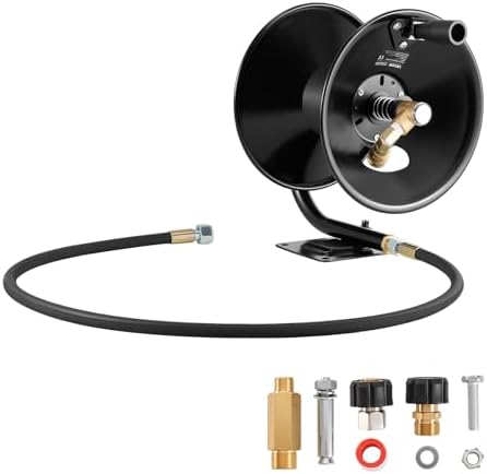 VEVOR Pressure Washer Hose Reel, 50 ft x 3/8 inch Heavy-Duty Steel Bracket-Mounted Pressure Hose Reel, Wall/Floor/Truck Mount, 4000PSI Max, Manual Power Hand Crank for Car/Floor Washing,Garden by VEVOR
