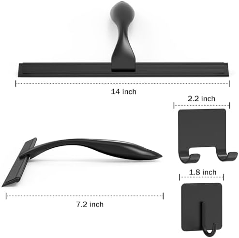 All-Purpose Stainless Steel Shower Squeegee for Shower Doors with 2 Adhesive Hooks, Bathroom Cleaner Tool Household Window Mirror Squeegee for Home Cleaning, Glass Door, Tile Wall, Car, 14 Inch Black - Image 2