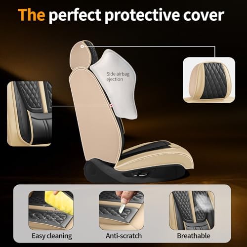 Fit Compass Car Seat Covers Compatible with Jeep Compass 2012-2024 2025 2026.Full Coverage Waterproof Leather,Compatible with Airbag,All - Weather Seat Cushion Protector(Full Set,Beige) - Image 6