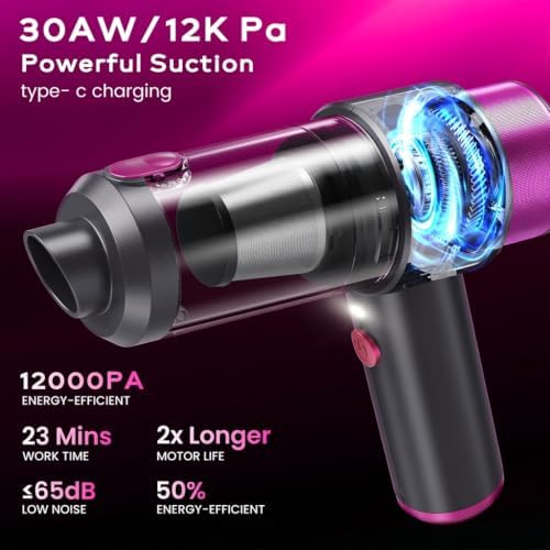 Car Vacuum Handheld Vacuum Cleaner, 12000PA Suction, Mini Vacuums with Air Duster and Blower, Portable Hand Held Vacuum for Car, House, Crumbs, Hair (Pink) - Image 5