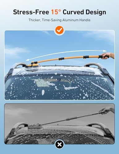 AstroAI 15°Curved Car Wash Brush with 43" Long Handle and 90° Rotating Replaceable Brush Head, Car Wash Kit with Microfiber Towel and Tire Brush for Car, SUV, RV, Floor Cleaning, Yellow - Image 3