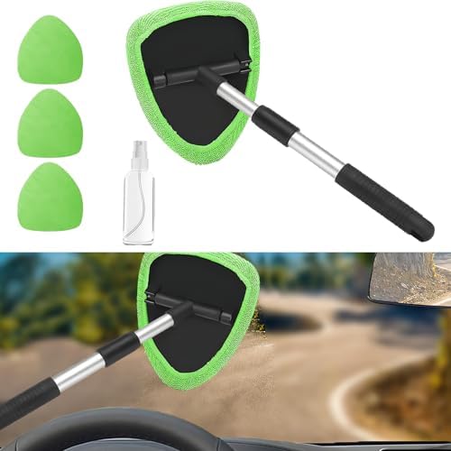 Car Window Cleaner, Car Cleanser Brush, Car Accessories Car Cleaning Supplies Tools, Car Cleaning Kit with Extendable Handle, Microfiber Cloth, Spray Bottle, Fits All Cars (Green) - Image 2
