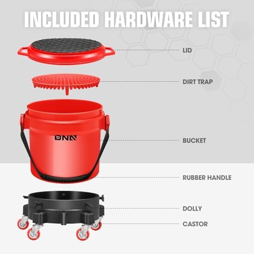 DNA MOTORING 5 Gallon Washing System Includes 15.5L Bucket, Filtration System Insert, Five Castor, Bucket Dolly, Mobile Detailing Station for Car Wash, Red, TOOLS-00602 - Image 3