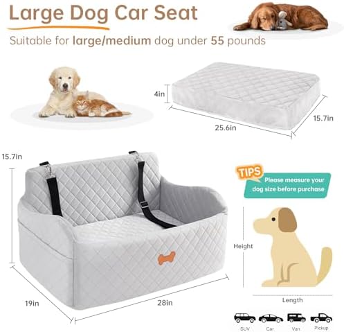 Car Seat for Large Size Dog, Booster Seat for Dogs Under 55 lbs or 2 Small Dogs, Soft Car Dog Bed Filling in Thick Memory Foam with 2 Safety Leashes and Storage Pocket (Grey) - Image 4