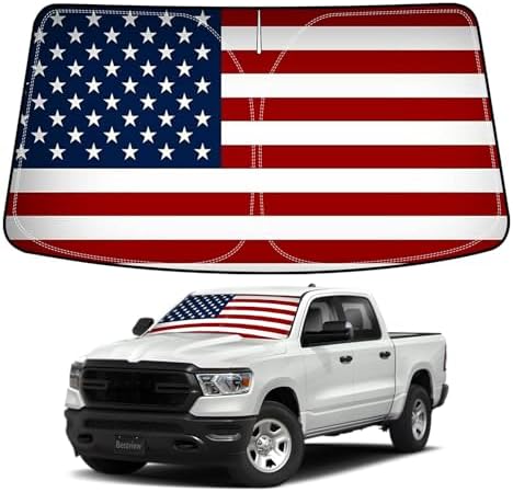 Bestview American Flag Windshield Sunshade for 2019-2022 Dodge Ram 1500: Sun Visor/Windshield Sun Shade for ram 1500 Truck, Foldable Front Window Sunshade Accessories Protector Block UV Rays Heat by BESTVIEW