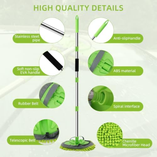 62" Car Wash Brush Kit Mitt Mop Sponge with Long Handle, Chenille Microfiber Car Cleaning Brush Kit, Windshield Window Squeegee, Car Care Kit of Scratch-Free Replacement for Cleaning Car, RV, Truck - Image 6