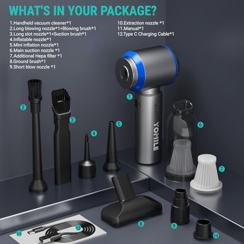 Yomile Mini Vacuum Cleaner, 2 in 1 27000PA Brushless Car Vacuum Air Duster 9000mAh Battery Air Blower Handheld Vacuum for Car,Office and Home (Black) - Image 5