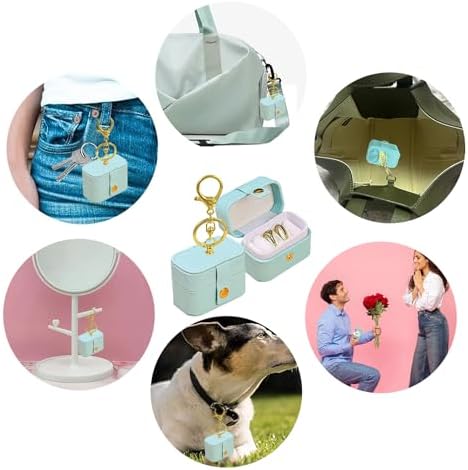 Wedding Ring Bearer Pillows Box for Dog Collar, PU Leather Travel Mini Ring Holder Pouch with Keychain Clip& Buckle Closure, Bridesmaid Gifts Jewelry Storage Case for Women Girls(Light blue) - Image 4