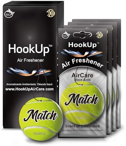 Tennis Car Air Freshener by HookUp - 4 Pack - Black Gold Scent (Extra Strong) | Unique Tennis Gift for Players, Coach, Fans | Hanging Car Accessory with Long Lasting Fresheners Smell by HookUpAirCare