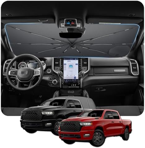 Windshield Sunshade Umbrella for 2019-2026 Dodge Ram 1500 2500 3500 Custom Fit Windshield Sun Protector Cover 6-Layer Heat-Resistant Fabric Ultra-Strong Fiberglass Frame (for 2019-2026 Dodge Ram) by BSTW