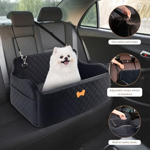Car Seat for Large Size Dog, Booster Seat for Dogs Under 55 lbs or 2 Small Dogs, Soft Car Dog Bed Filling in Thick Memory Foam with 2 Safety Leashes and Storage Pocket (Black) - Image 7
