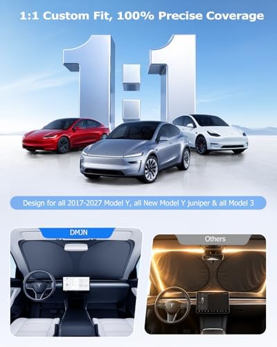 DMJN Front Windshield Sun Shade for Tesla New Model Y, Y & 3 (2017-2026), [Nano Ice-Crystal Coatings] UPF50+ Heat & UV Block, Protect Car Interior & Keep Cool, Flodable Steel-Ring Car Cover for Summer - Image 4