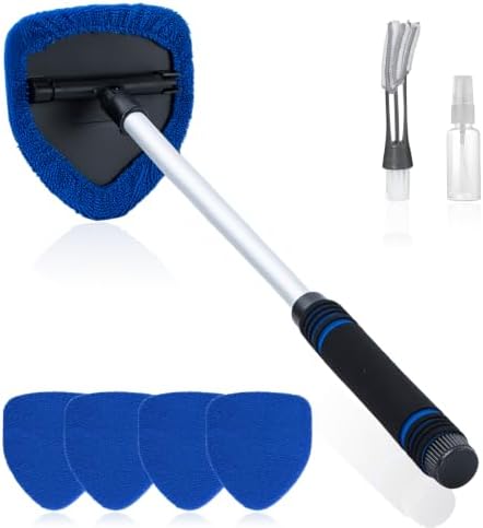 7 PCS Windshield Cleaning Tool, 19" Windshield Cleaner Kit with Extendable Handle, Microfiber Towel Pads, Brush, Empty Spray Bottle for Auto Glass Interior (Blue) by Unknown