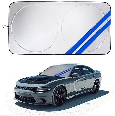 Front Windshield Sun Shade Fit for Dodge Charger Challenger Durango Journey Universal Fit to All Dodge Cars Foldable Sun Visor Protector Custom Fit Dodge Window Sunhade (Blue Trim) by YOSRTER
