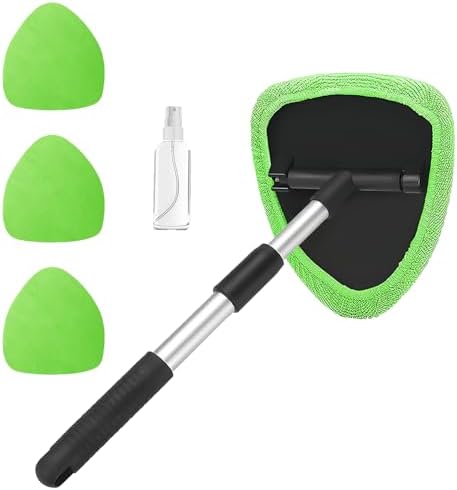 Car Window Cleaner, Car Cleanser Brush, Car Accessories Car Cleaning Supplies Tools, Car Cleaning Kit with Extendable Handle, Microfiber Cloth, Spray Bottle, Fits All Cars (Green) by Unknown