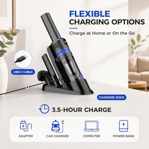 Handheld Vacuum Cordless Portable 3‑in‑1 Rechargeable Vacuum Cleaner with Charging Dock, Lighweight, 2‑Speed Modes, Type-C Charging for Car, Home, Office, Pet - Image 4