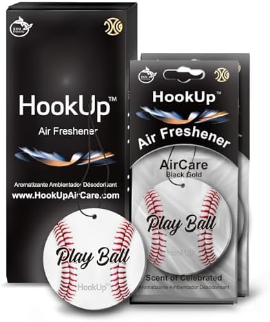 Baseball Car Air Freshener by HookUp - 2 Pack - Black Gold Scent (Extra Strong) | Unique Baseball Gift for Players, Coach, Fans | Hanging Car Accessory with Long Lasting Fresheners Smell by HookUpAirCare