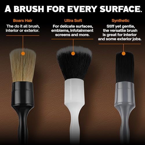 Premium Car Detailing Brush Set - Complete 6 Pack Kit - 2 Boar's Hair, 2 Ultra Soft, 2 Synthetic Bristles - Car Detail Brush for All Surfaces, Leather Seats, Air Vents, Wheels & Emblems, and More - Image 3