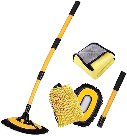 57'' Car Wash Brush with Long Handle Chenille Microfiber Car Wash Kit， Mitt Retractable Bent Pole Car Wash Brush for Cars RV Truck Boat (Yellow) by NEZENO