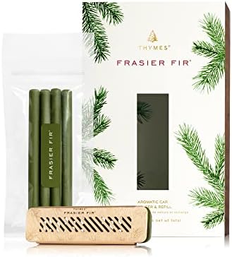 Thymes Frasier Fir Car Diffuser Kit + Refills – Vent Clip Air Freshener + 4 Frasier Fir Diffuser Reeds – Car Air Fresheners with Fresh Scent – Long-Lasting Fragrance by Thymes