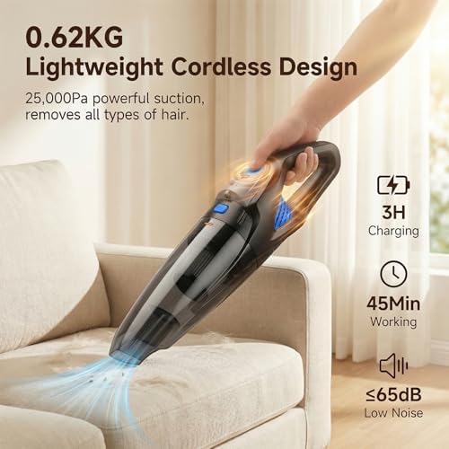 Handheld Vacuum Cordless, 25000Pa Powerful Suction Car Vacuum Portable Cordless with 8000mAh Battery & LED Light, Hand Held Vacuum Rechargeable with HEPA Filters, Home, Car Seats, Pet Hair Blue - Image 3