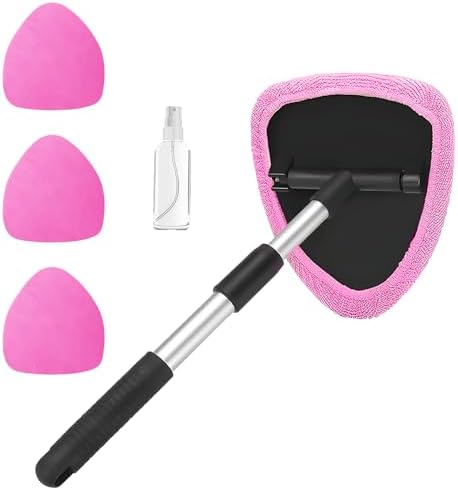 Car Window Cleaner, Car Cleanser Brush, Car Accessories Car Cleaning Supplies Tools, Car Cleaning Kit with Extendable Handle, Microfiber Cloth, Spray Bottle, Fits All Cars (Pink) by Unknown