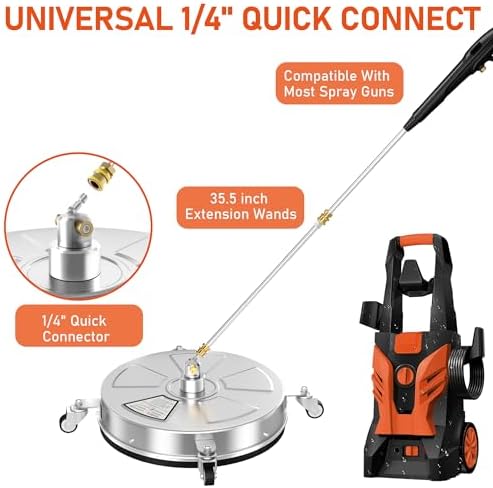18" Pressure Washer Surface Cleaner with 4 Wheels, 4000 PSI Max Stainless Steel Surface Cleaner for Pressure Washer, 2 Extension Wands, 1/4" Quick Plug, for Concrete, Patio, Sidewalk, Deck - Image 6