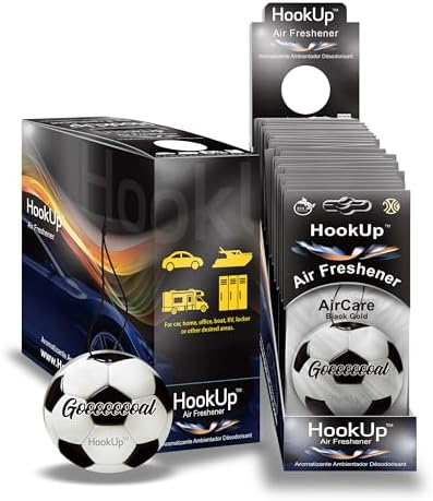 Soccer Car Air Freshener by HookUp - 25 Pack - Black Gold Scent (Extra Strong) | Unique Soccer Gift for Players, Coach, Fans | Hanging Car Accessory with Long Lasting Fresheners Smell by HookUpAirCare