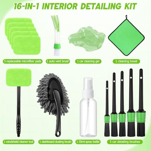 16 Pcs Windshield Cleaner Tool, Car Cleaning Kit with Various Detailing Brushes Set Spray Bottle Cleaner Towel Cleaning Gel Accessories Car Interior Detailing Kit for Windows Vents(Green) - Image 2