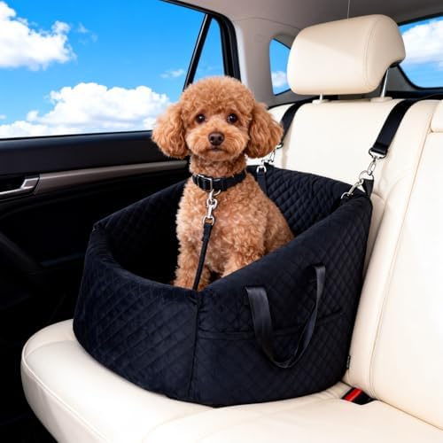 Dog Car Seat for Small Dogs, Elevated Pet Booster Seat | Soft Velvet Travel Bed with Safety Leash, Supportive Cushioning & Washable Cover for Cars, SUVs and Trucks, Up to 30 lbs by Unknown