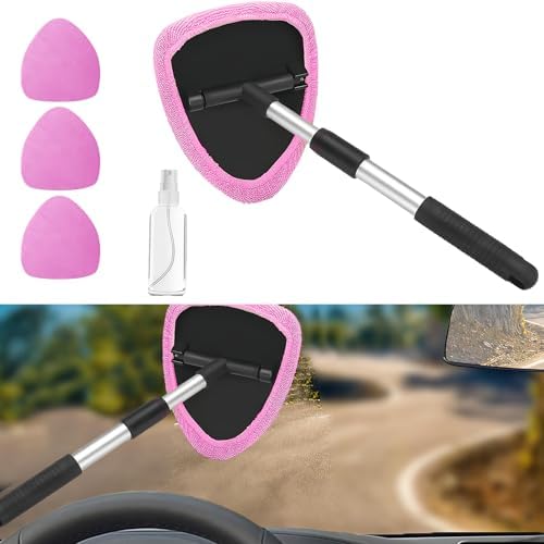 Car Window Cleaner, Car Cleanser Brush, Car Accessories Car Cleaning Supplies Tools, Car Cleaning Kit with Extendable Handle, Microfiber Cloth, Spray Bottle, Fits All Cars (Pink) - Image 2