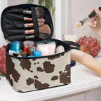 Brown Cow Print Makeup Bag for Women Lightweight Travel Makeup Bag With Handle Womens Cosmetic Makeup Organizer Vanity Case for Holiday Trip - Image 3