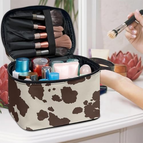 Brown Cow Print Makeup Bag for Women Lightweight Travel Makeup Bag With Handle Womens Cosmetic Makeup Organizer Vanity Case for Holiday Trip - Image 3