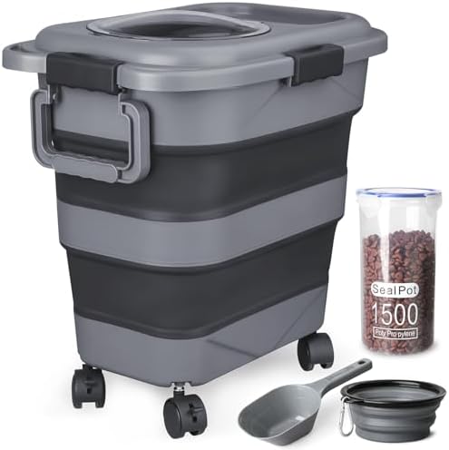 Dog Food Storage Container，23-25 lbs Airtight Collapsible Cat Food Storage Container with Attachable Wheels, Portable Handle, Dog Food Scoop for Dog Cat Bird Pet Dry Food Storage Bin Dark Grey by TIOVERY