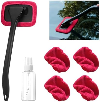 Car Windshield Cleaning Tool, Microfiber Vehicle Window Cleaner with 5 Washable Reusable Cloth Pad & 1 Spray Bottle, Automotive Glass Wiper Cleaning Kit Accessories, Universal Fit (Red) by Ywdiml
