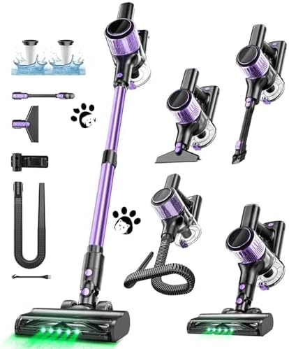 Cordless Vacuum Cleaner, 10 in 1 Stick Vacuum with Powerful Suction, Hose, Green LED Light, Anti-Tangle Brush, Lightweight Rechargeable Vacuum Cleaner for Home, Hardwood Floors,Pet Hair (Purple) by Home