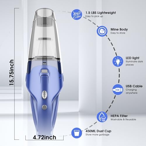 YOOHI Handheld Vacuum Cordless Rechargeable – 6000Pa Mini Hand Held Vacuum, LED Light, 20–25 Mins Runtime, USB Charging, 500ML Cup – Lightweight Small Vacuum Cleaner Cordless for Car/Office/Home - Image 2