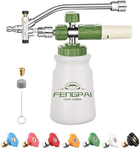 FENG PAI Pressure Washer Foam Cannon with Dual-Connector Accessory & 7 Power Washer Sprayer Nozzles, Double Tip Attachment For Soap Cannon, 1/4" Quick Connect, 3600 PSI, White Bottle by FENGPAI