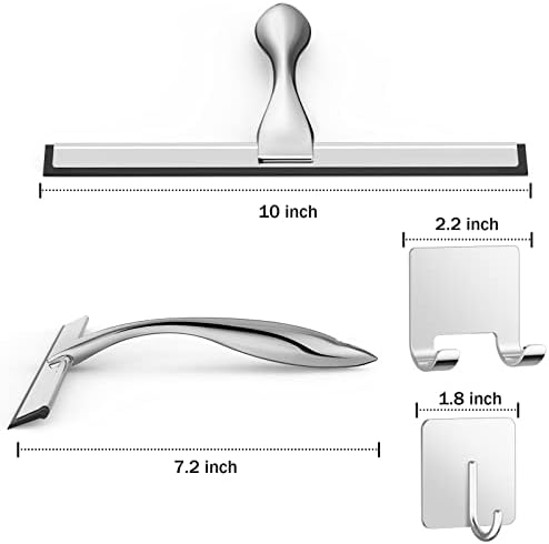 All-Purpose Stainless Steel Shower Squeegee for Shower Glass Door with 2 Adhesive Hooks, Bathroom Cleaner Tool Household Window Mirror Squeegee , Cleaning Tile Wall, Car, 10 Inch Silver - Image 2
