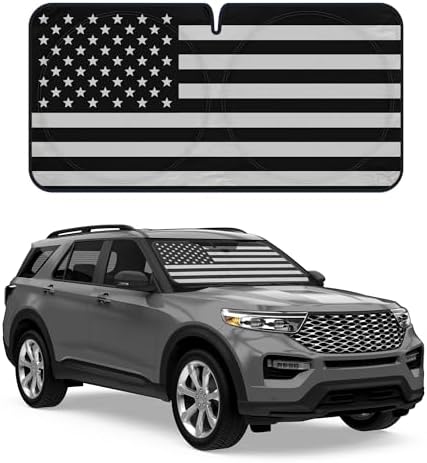 Motor Trend USA Black American Flag Car Windshield Sun Shade for Front Window, Foldable Car Sun Shade with Patriotic Graphic, Collapsible Sun Visor Sunshade for Cars Windshield (Large 69" x 35") by MotorTrend
