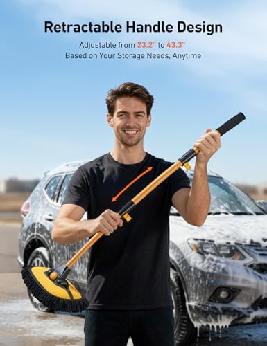 AstroAI 15°Curved Car Wash Brush with 43" Long Handle and 90° Rotating Replaceable Brush Head, Car Wash Kit with Microfiber Towel and Tire Brush for Car, SUV, RV, Floor Cleaning, Yellow - Image 4