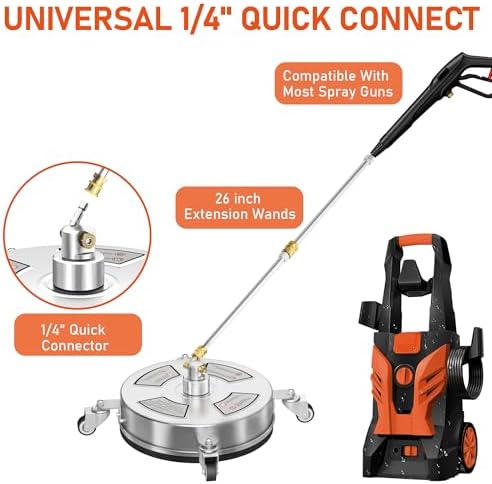 14" Pressure Washer Surface Cleaner with 4 Wheels, 4000 PSI Max Stainless Steel Surface Cleaner for Pressure Washer, 2 Extension Wands, 1/4" Quick Plug, for Concrete, Patio, Sidewalk, Deck - Image 6