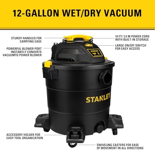 STANLEY 12 Gallon 5.5 Peak HP Wet/Dry Vacuum, 3 in 1 Shop Vacuum Blower,1-7/8"x6 Hose, Range for Garage, Carpet Clean, Workshop with Vacuum Attachments-SL18199P - Image 2