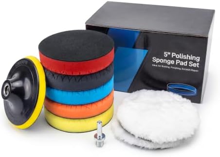 9Pcs Buffing Polishing Pads Kit, 5 Inch Buffing Pads, Sponge & Woolen Pads with M14 Drill Adapter & Backing Plate for Car Care, Polishing, Washing, Cleaning, Waxing by OFISPEED