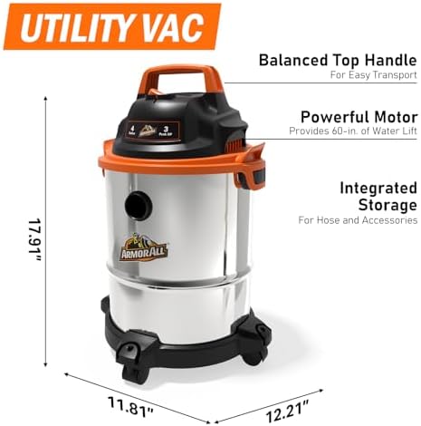 Armor All VO408S 0901 4 Gallon 3 Peak HP Stainless Steel Wet/Dry Vacuum, Orange - Image 2