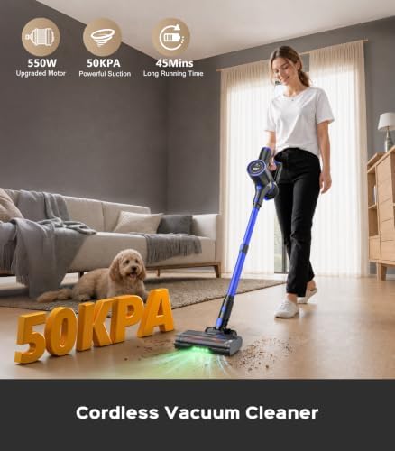 Cordless Vacuum Cleaner, 550W 50KPa 45Mins Vacuum Cleaners for Home, Self-Standing Stick Vacuum with Anti-Tangle Brush & LED Display for Hardwood Floors, Carpet, Pet Hair, Car - Image 2