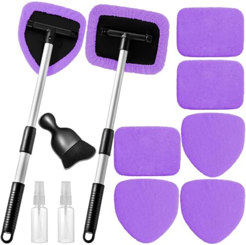 Qydipclin 11pcs Windshield Cleaner Tool, Car Window Cleaning Wash Kit with 6 Reusable Microfiber Pads 2 Spray Bottles and Extendable Handles Auto Glass Wiper Kit, Purple by Qydipclin