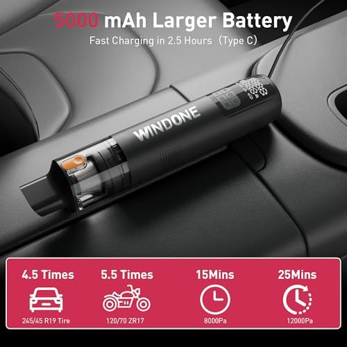 Windone Car Vacuum, 12000Pa 2-in-1 Cleaner & Tire Inflator 150PSI - Image 5
