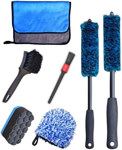 oesee Professional 4 Pack Long Handle Wheel Brush Kit for Cleaning Wheel and Tire- 2X Soft Wheel Cleaning Brush, Detailing Brush and Stiff Tire Brush, Bendable& Durable Wheel Rim Cleaner Brush Set by OeSee