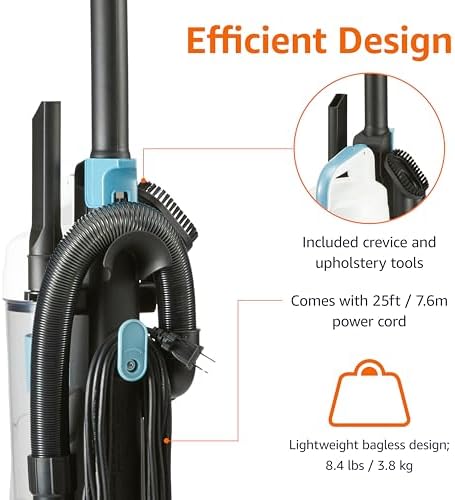 Amazon Basics Upright Bagless Vacuum Cleaner for Carpet and Hard Floors, Washable Filter, Crevice and Upholstery Tools, Detachable Handle, Lightweight, 1.7L Dust Cup, 25ft Cord, Black/White - Image 2